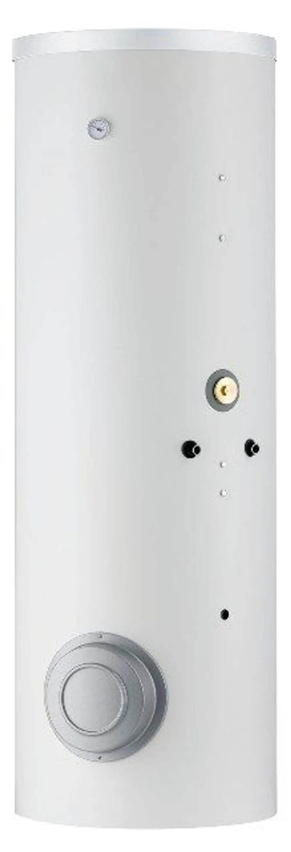 Solarspeicher von Remeha in weiß-grau mit runder Oberseite, mehreren Anschlussöffnungen und einem Druckmanometer an der Vorderseite, geeignet für die Speicherung von Solarwärme.